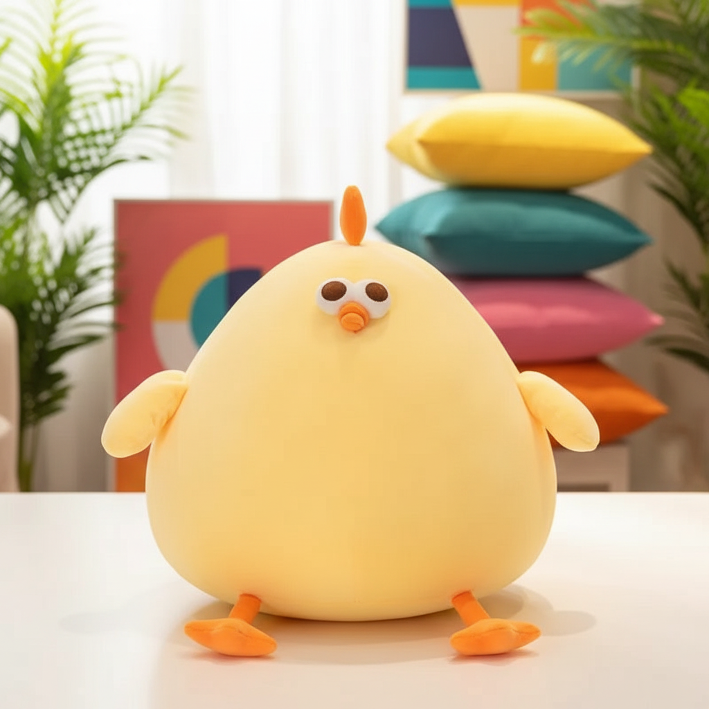 Yellow plush toy chick on a table with colorful pillows and plants in the background