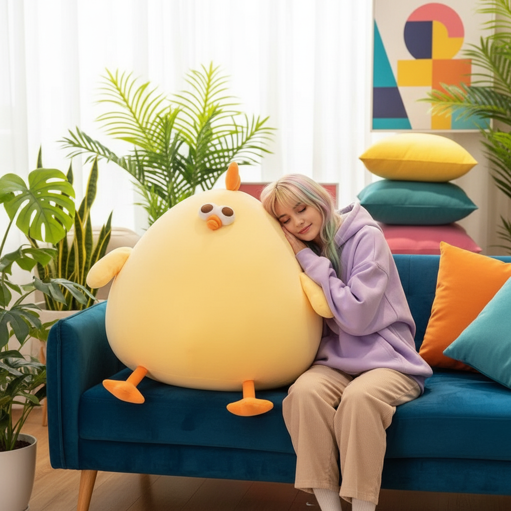 Person hugging a large yellow plush toy on a blue couch in a colorful living room.