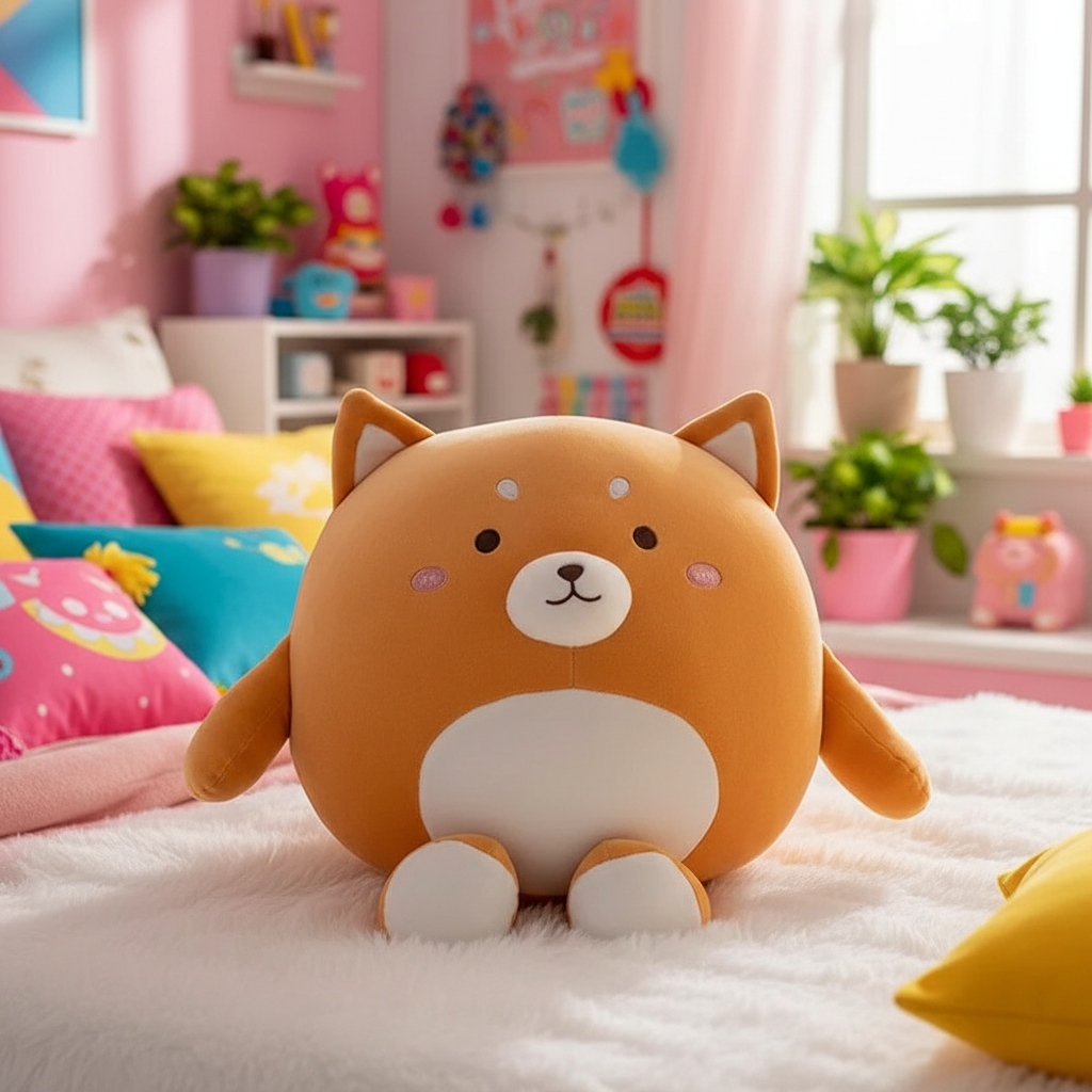 Cute dog-shaped plush toy on a bed in a colorful room with toys and plants.