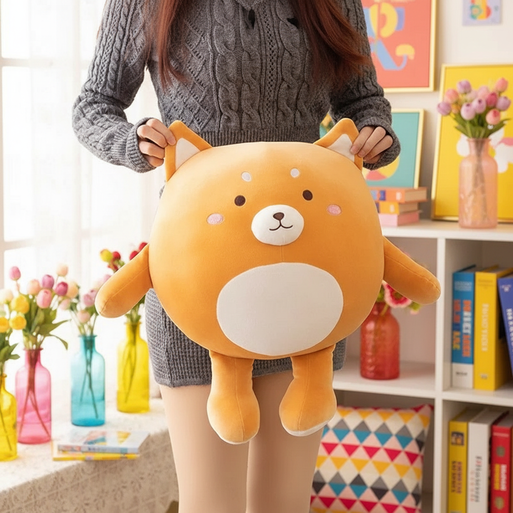 Person holding a large plush toy resembling a cartoon character in a room with colorful decor.