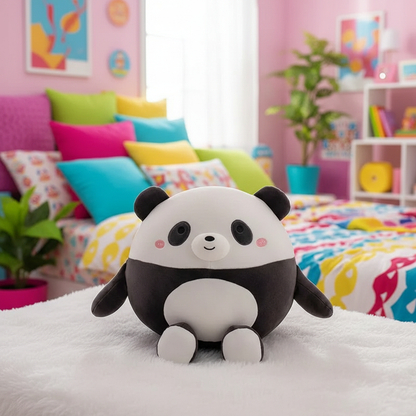 Plush panda toy on a bed in a colorful bedroom