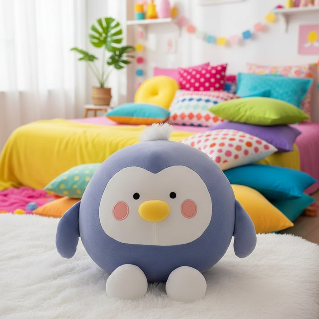 Plush penguin toy on a bed with colorful pillows and a playful room setting