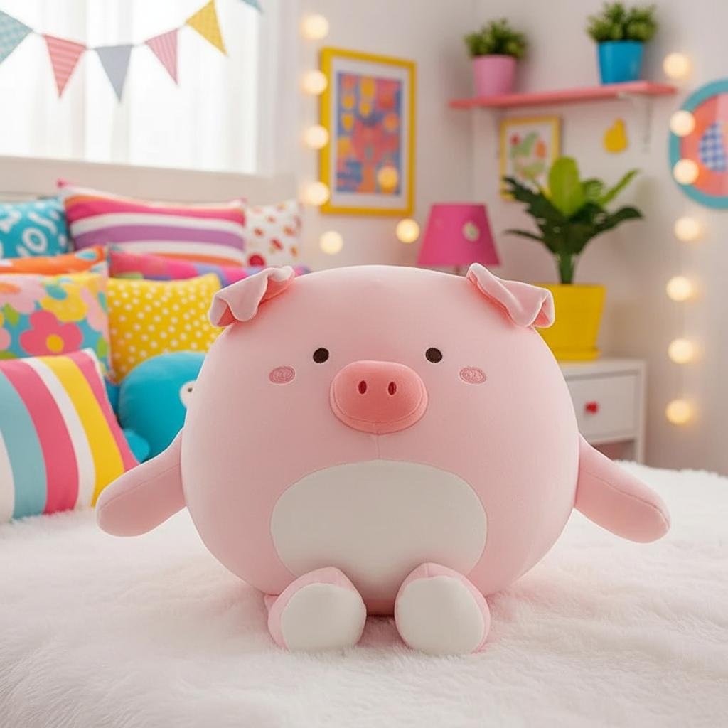 Pink plush pig toy on a bed in a colorful room with pillows and decorations.