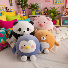 Four colorful plush toys (panda, pig, cat, and penguin) on a bed with a playful room background.
