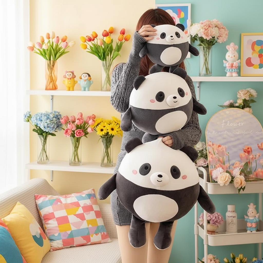 Person holding three panda plush toys in a room with colorful decor and flowers.
