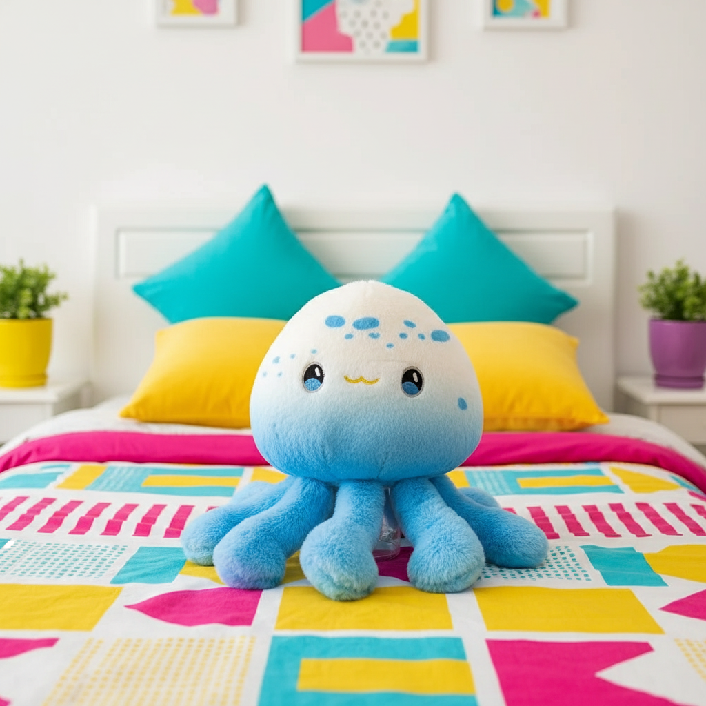 Blue plush jellyfish toy on a colorful bed with teal and yellow pillows.