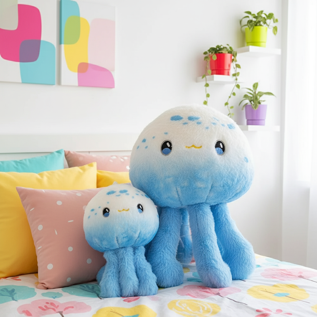 Two blue plush toys resembling jellyfish on a bed with colorful pillows and a white wall in the background.