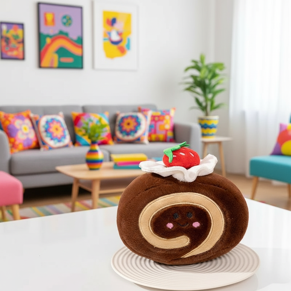 Plush toy resembling a brownie with whipped cream and a cherry on top, placed on a table in a colorful living room.