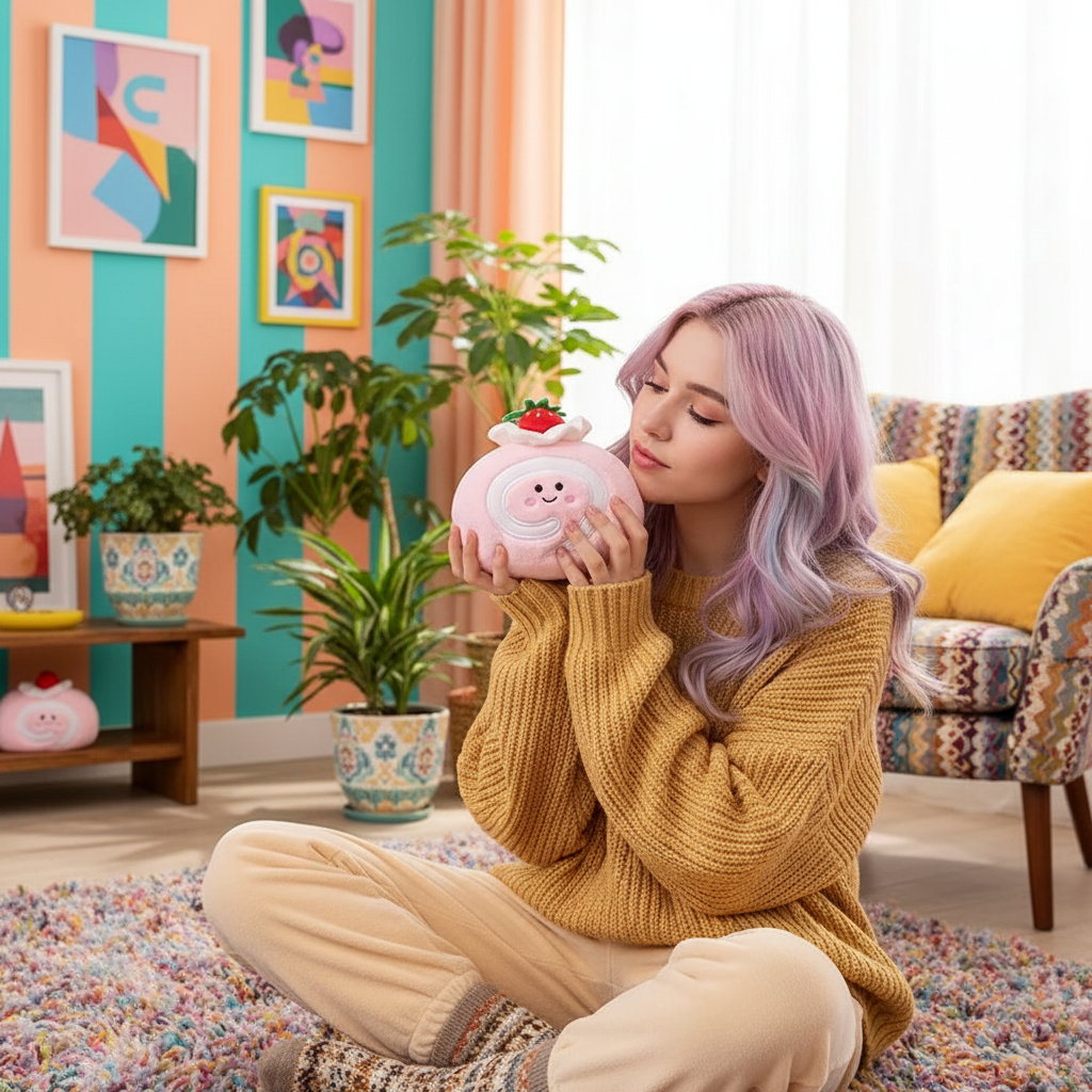 Woman holding a pink strawberry plush  cake with a strawberry on top in a colorful living room.