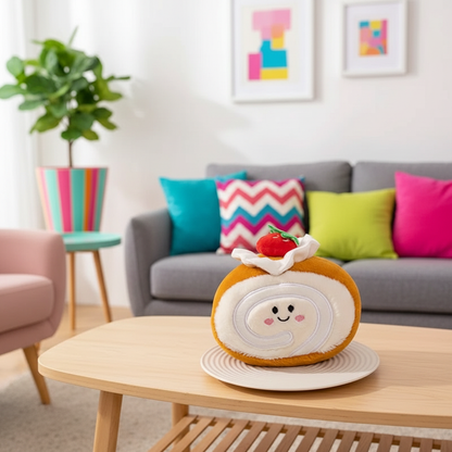 Plush toy resembling a cake roll on a coffee table in a living room with colorful pillows and decor.