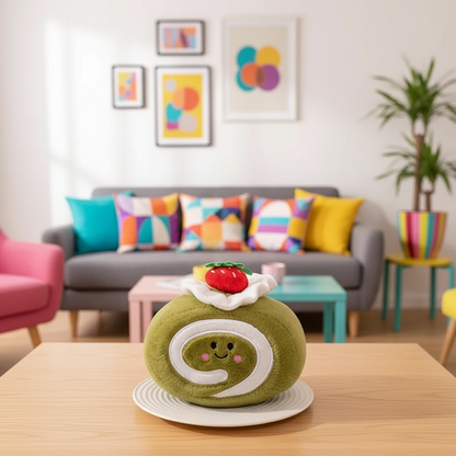 Plush toy resembling a green cake roll with a strawberry on a table in a living room.