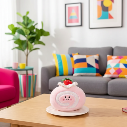 Pink plush toy with a strawberry on a wooden table in a living room.