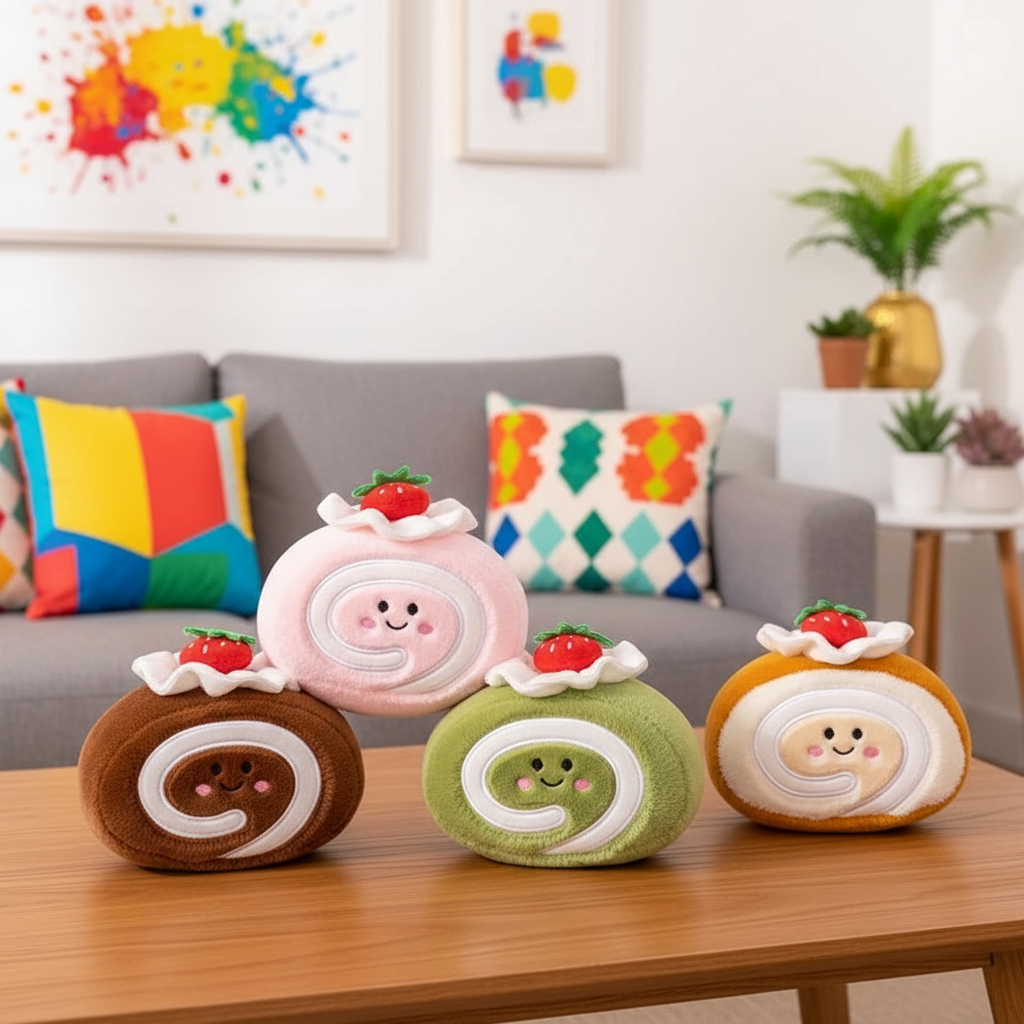 Four colorful plush toys resembling cake slices on a wooden table with a living room background.