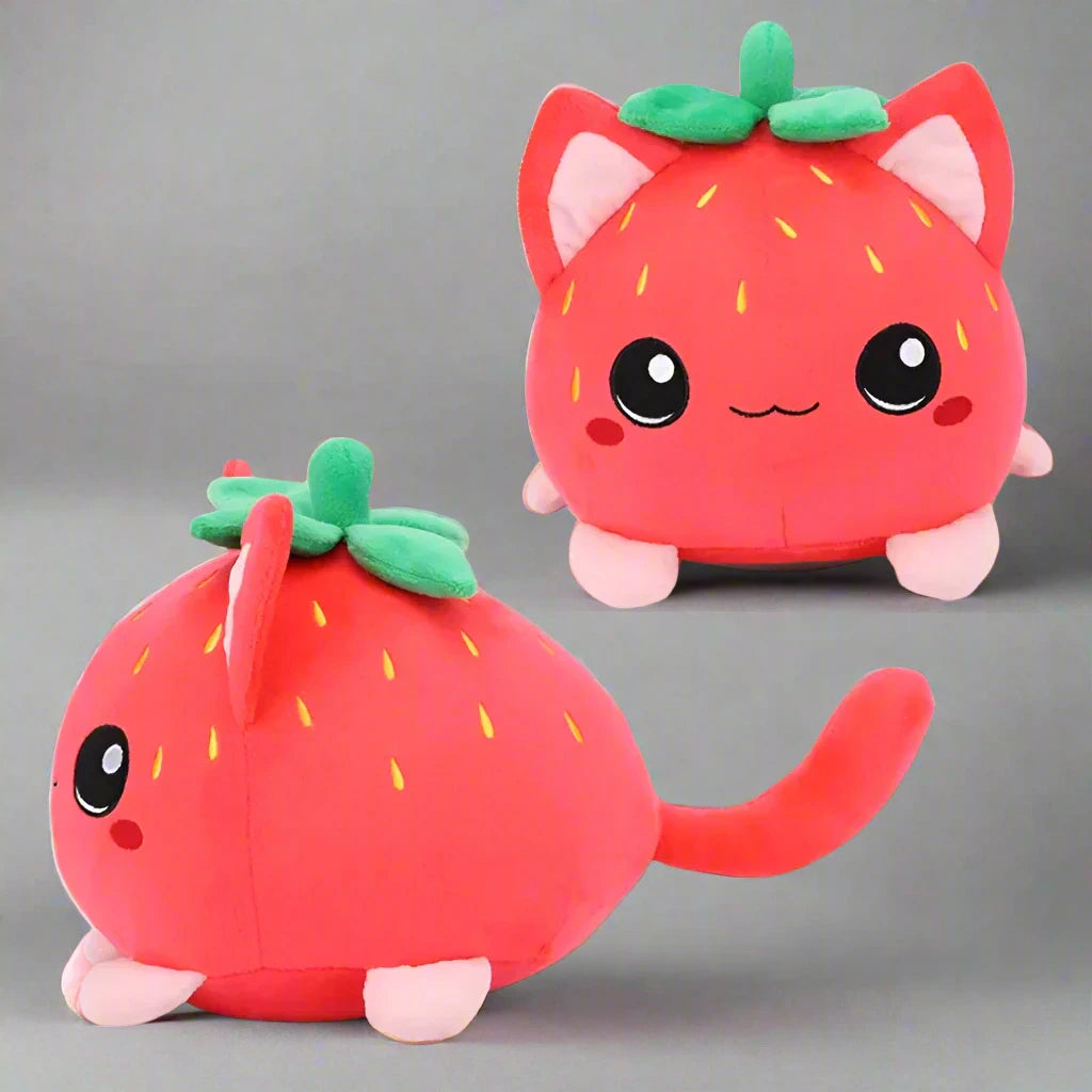 Strawberry Purrfection Cat Plushie Front and Side Views