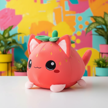 Cute plush toy resembling a strawberry with cat ears on a colorful background