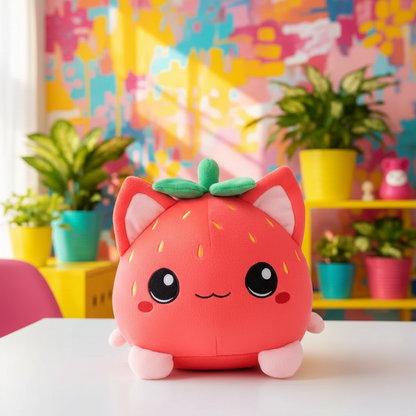 Cute plush toy shaped like a strawberry with cat ears on a colorful background