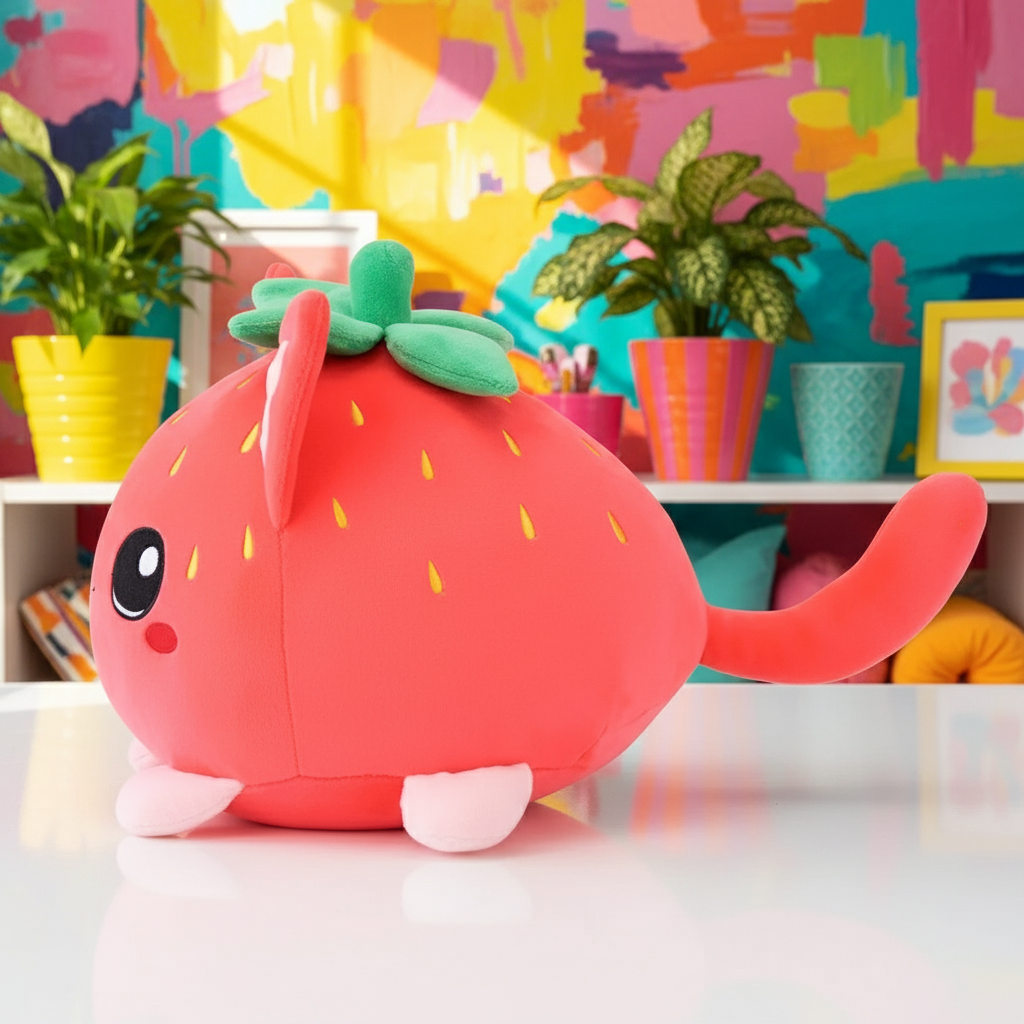 Plush toy shaped like a strawberry with a colorful background