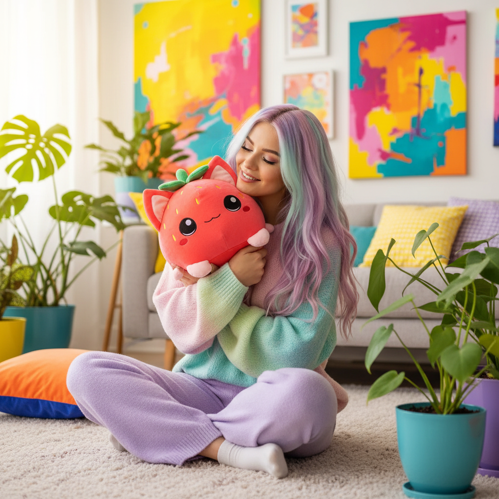 Person with colorful hair holding a plush toy in a room with vibrant artwork and plants.