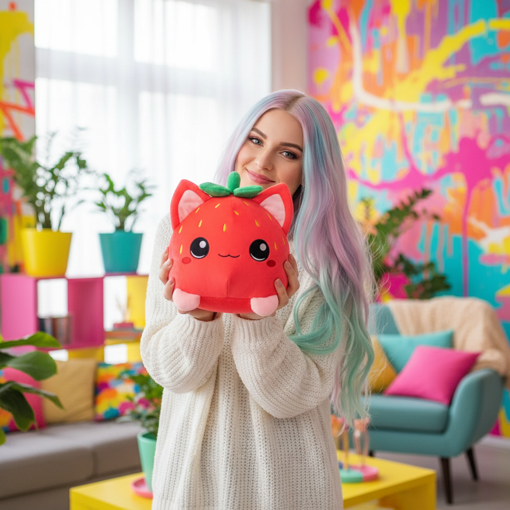 Woman holding a red plush toy with cat ears in a colorful living room.