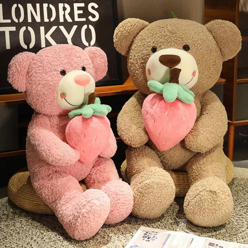 Strawberry Teddy Bear Kawaii Plushie Pink and Brown Color