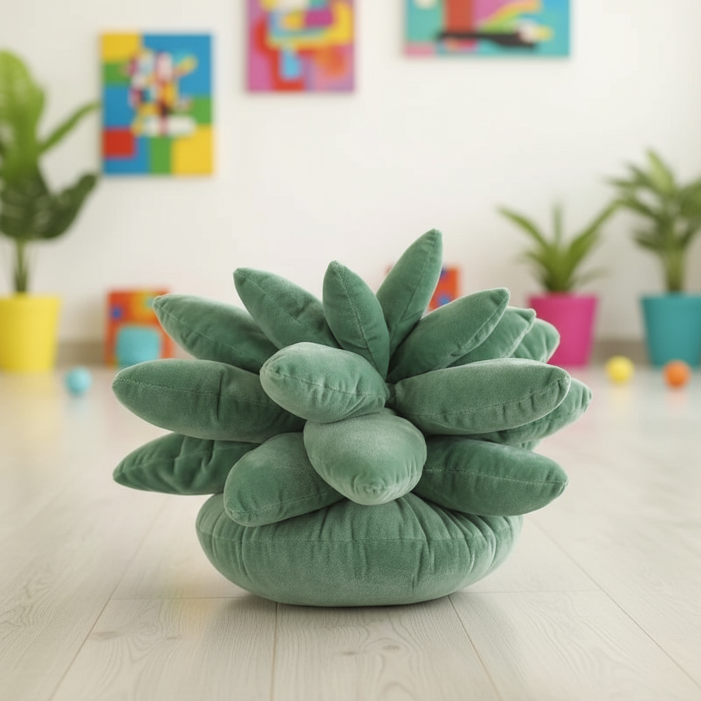 Green plush succulent pillow on a light wooden floor with colorful plants and toys in the background.