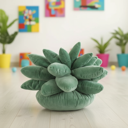 Green plush succulent pillow on a light wooden floor with colorful plants and toys in the background.
