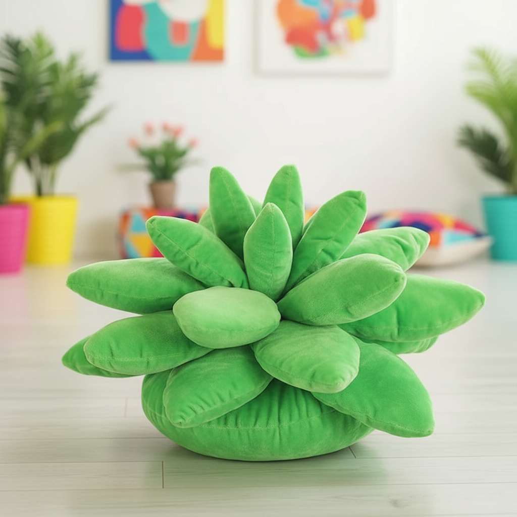 Green plush succulent plant toy on a light surface with colorful background