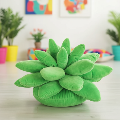 Green plush succulent plant toy on a light surface with colorful background