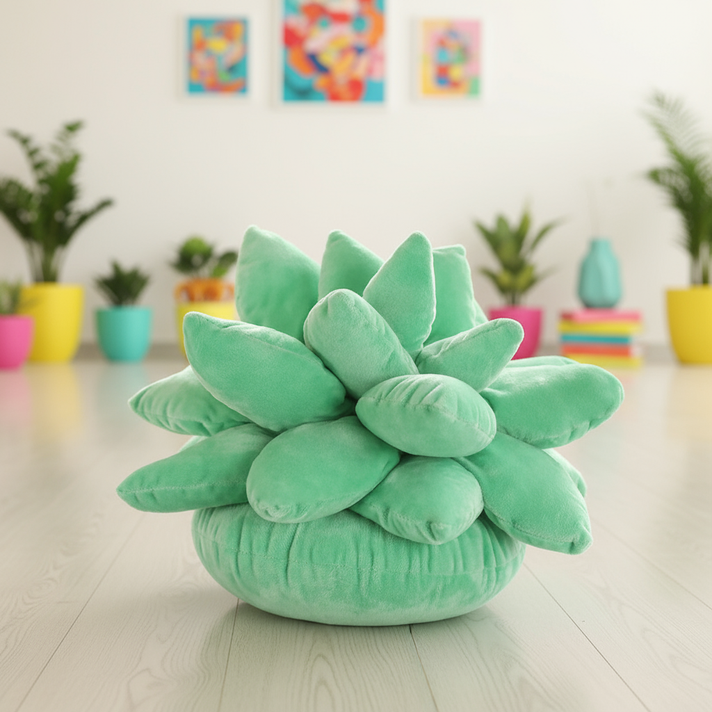 Green succulent-shaped pillow on a wooden floor with colorful plants in the background