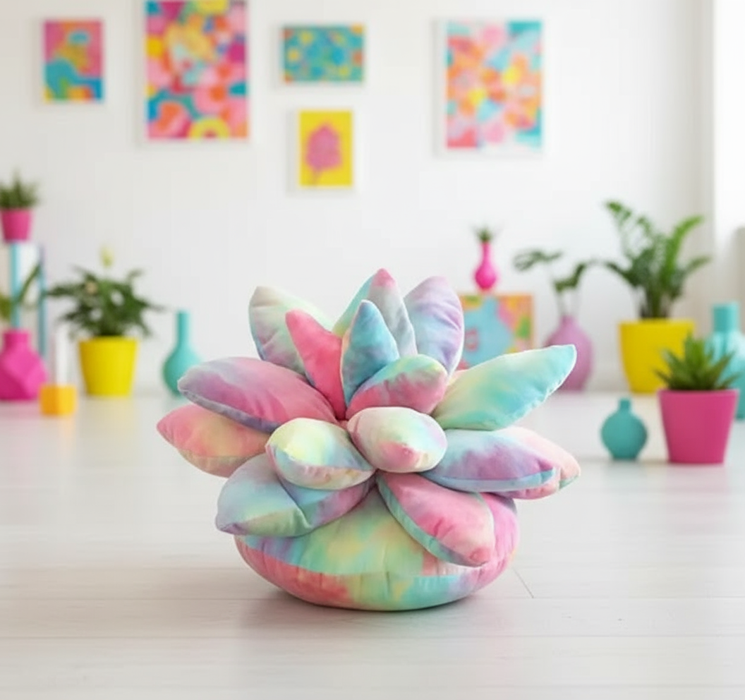 Colorful rainbow succulent-shaped pillow on a white surface with a playful room setting in the background.