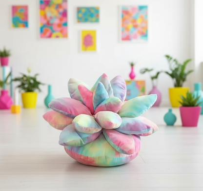 Colorful rainbow succulent-shaped pillow on a white surface with a playful room setting in the background.