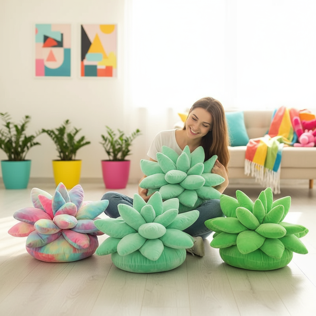 Woman sitting in front of a couch with colorful plush succulent pillows in a bright living room.