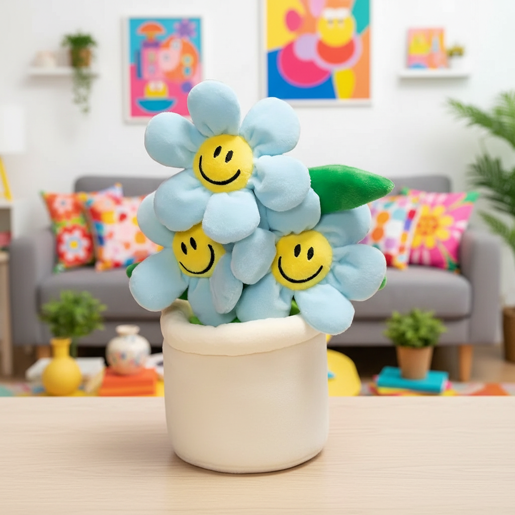 Decorative plush flowers with smiley faces in a pot on a table with a colorful living room background.