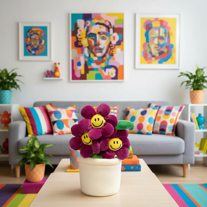 Sunshine Bloom Daisy Plushie sitting on a table in a colorful living room setting