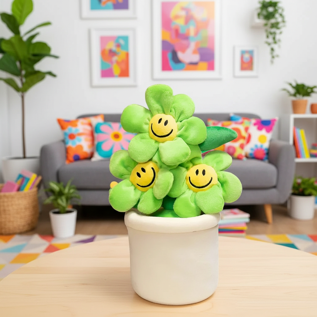 Green plush flower toy with smiley faces in a pot on a table in a colorful living room.