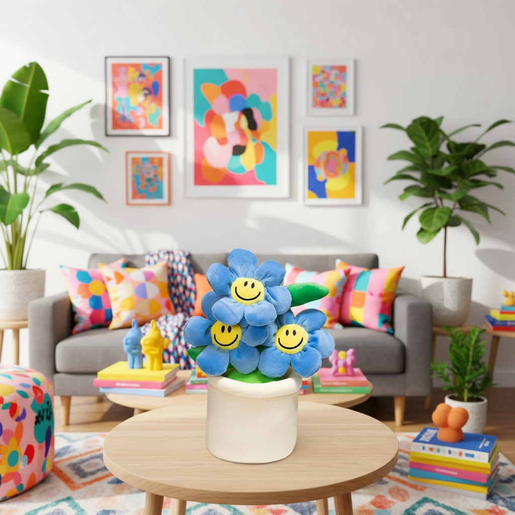 Colorful living room with a plush flower arrangement on a table, colorful cushions on a sofa, and abstract art on the wall.