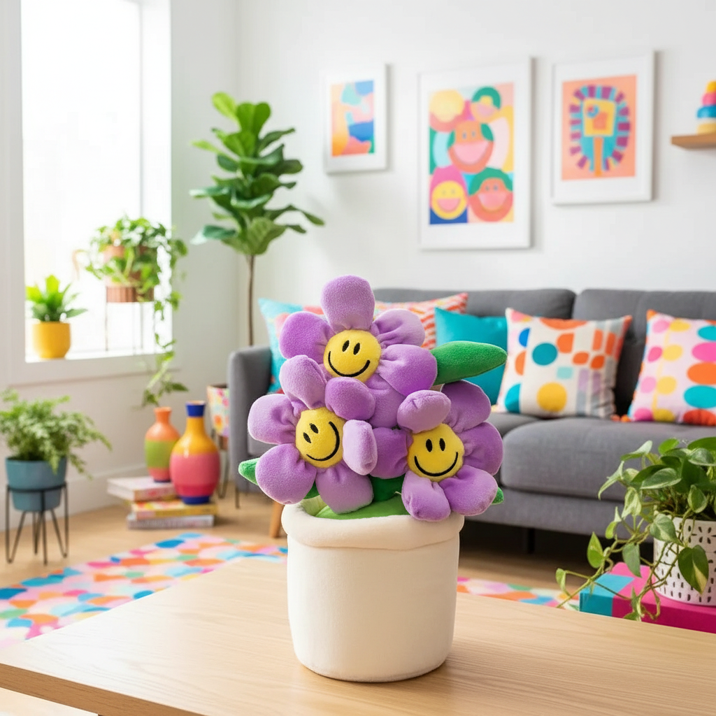Decorative plush flower pot with smiley faces in a colorful living room