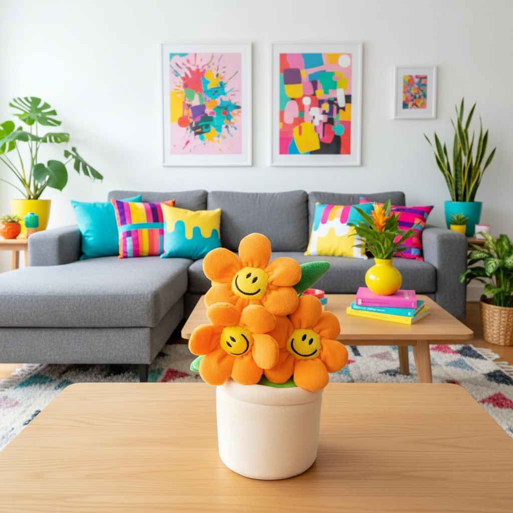 Colorful living room with a gray sofa, abstract art, and decorative plush flowers on a coffee table.