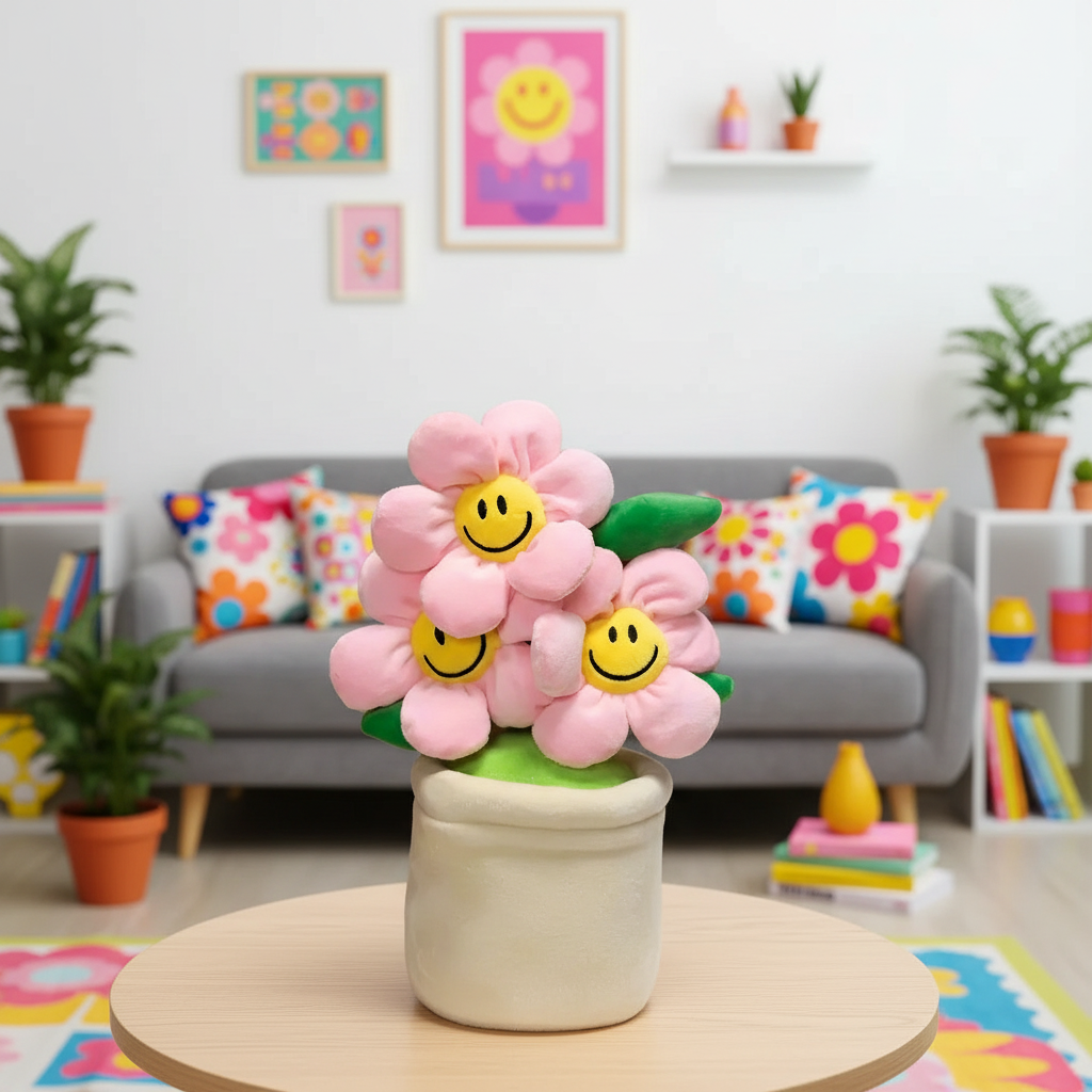 Decorative plush flowers with smiley faces in a vase on a table in a colorful living room.