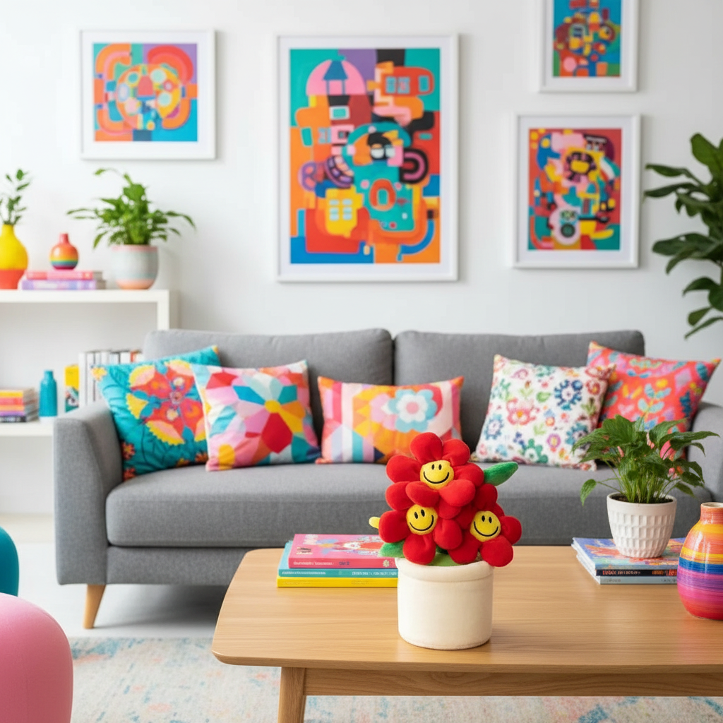 Colorful living room with a gray sofa, floral cushions, and abstract art on the wall.
