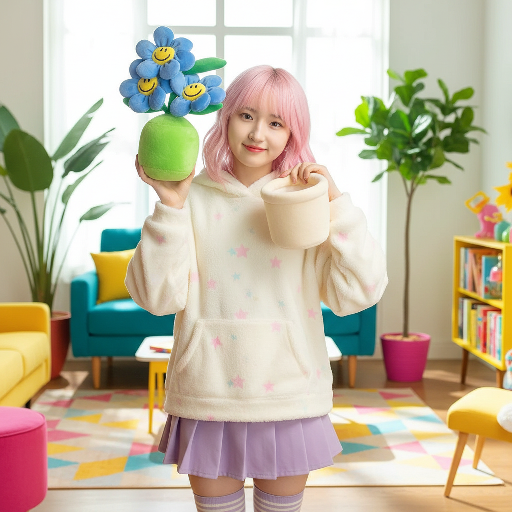 Person with pink hair holding a plush flower pot with smiley face flowers in a colorful room.