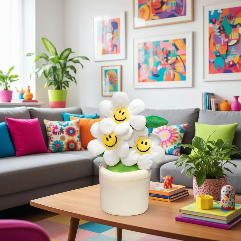 Colorful living room with a smiling plush flower pot on a coffee table