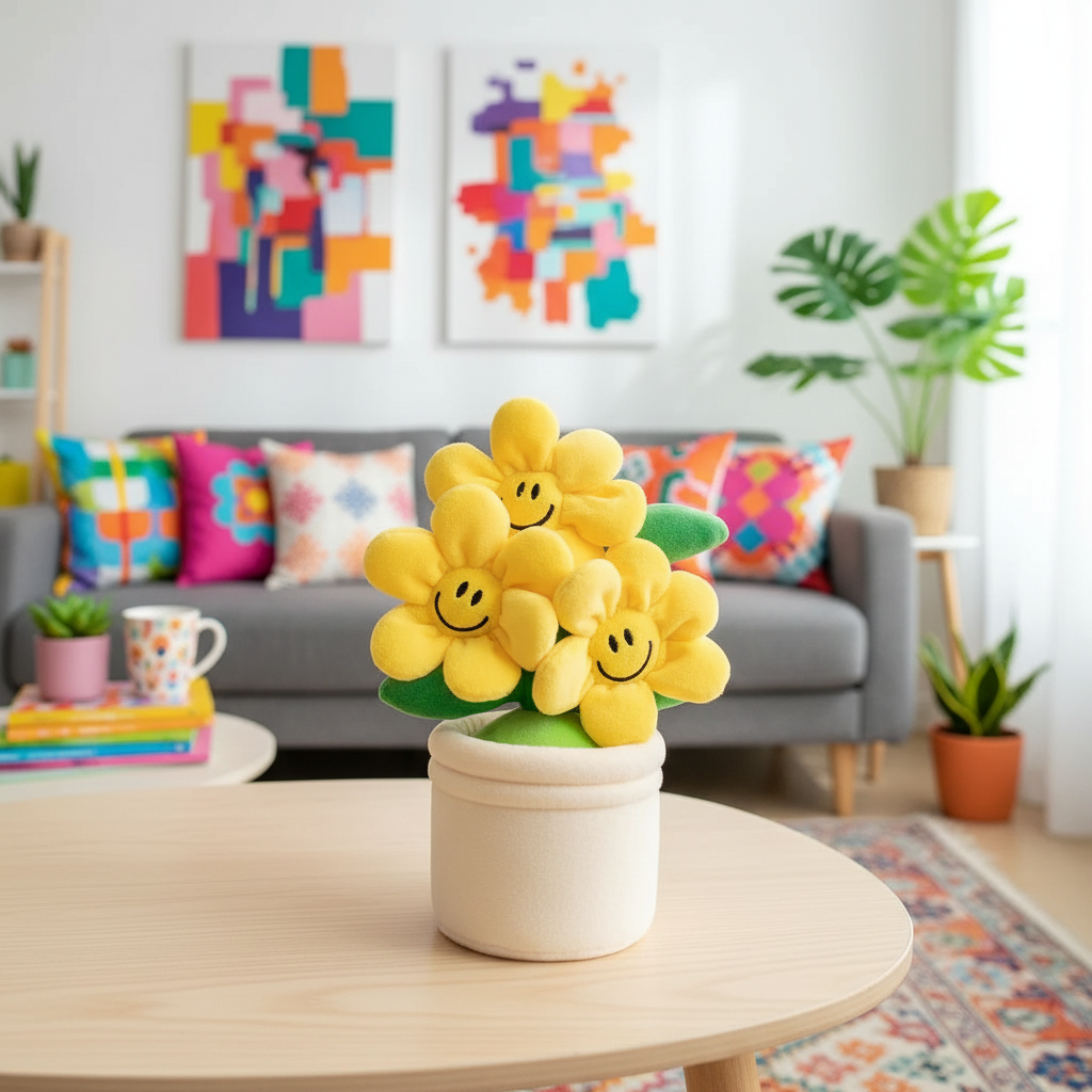 Decorative yellow plush flower arrangement with smiley faces on a table in a living room.