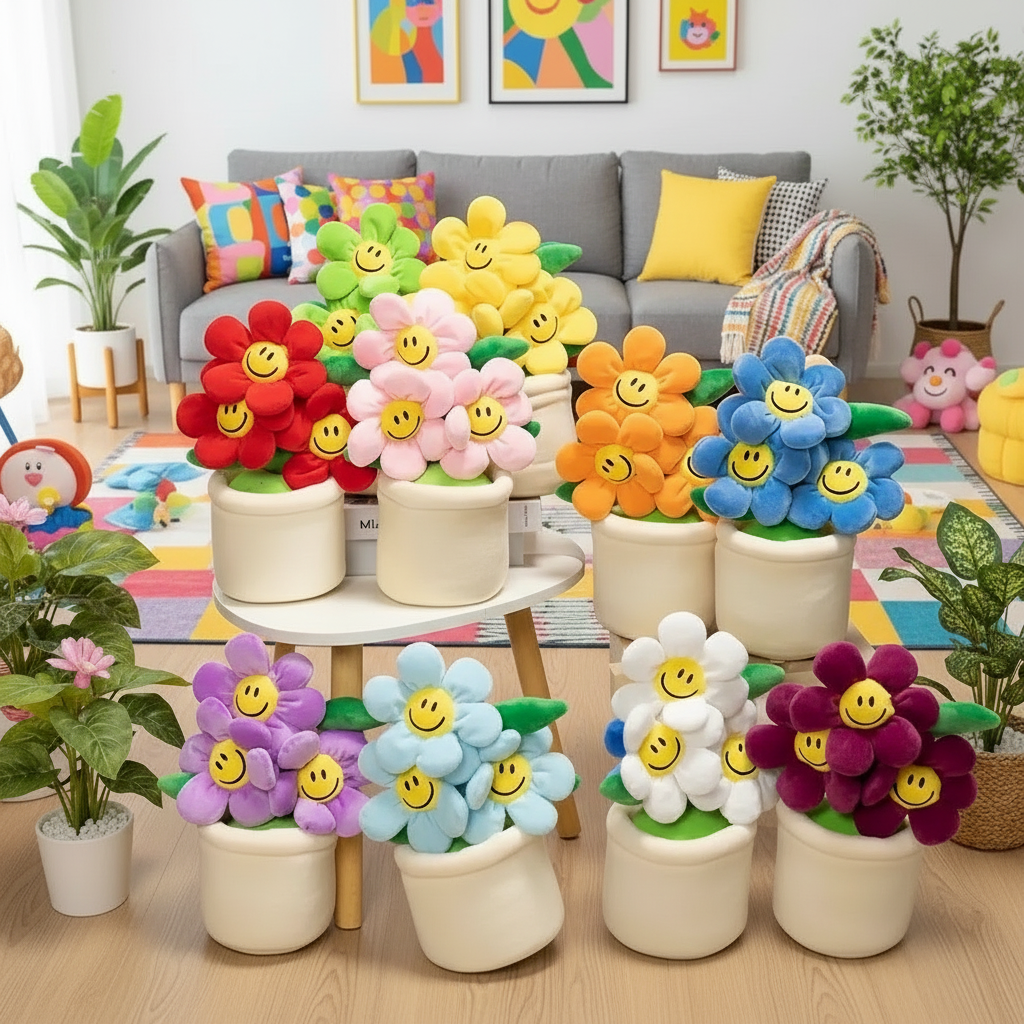 Colorful flower-shaped plushies with smiley faces on a living room floor.
