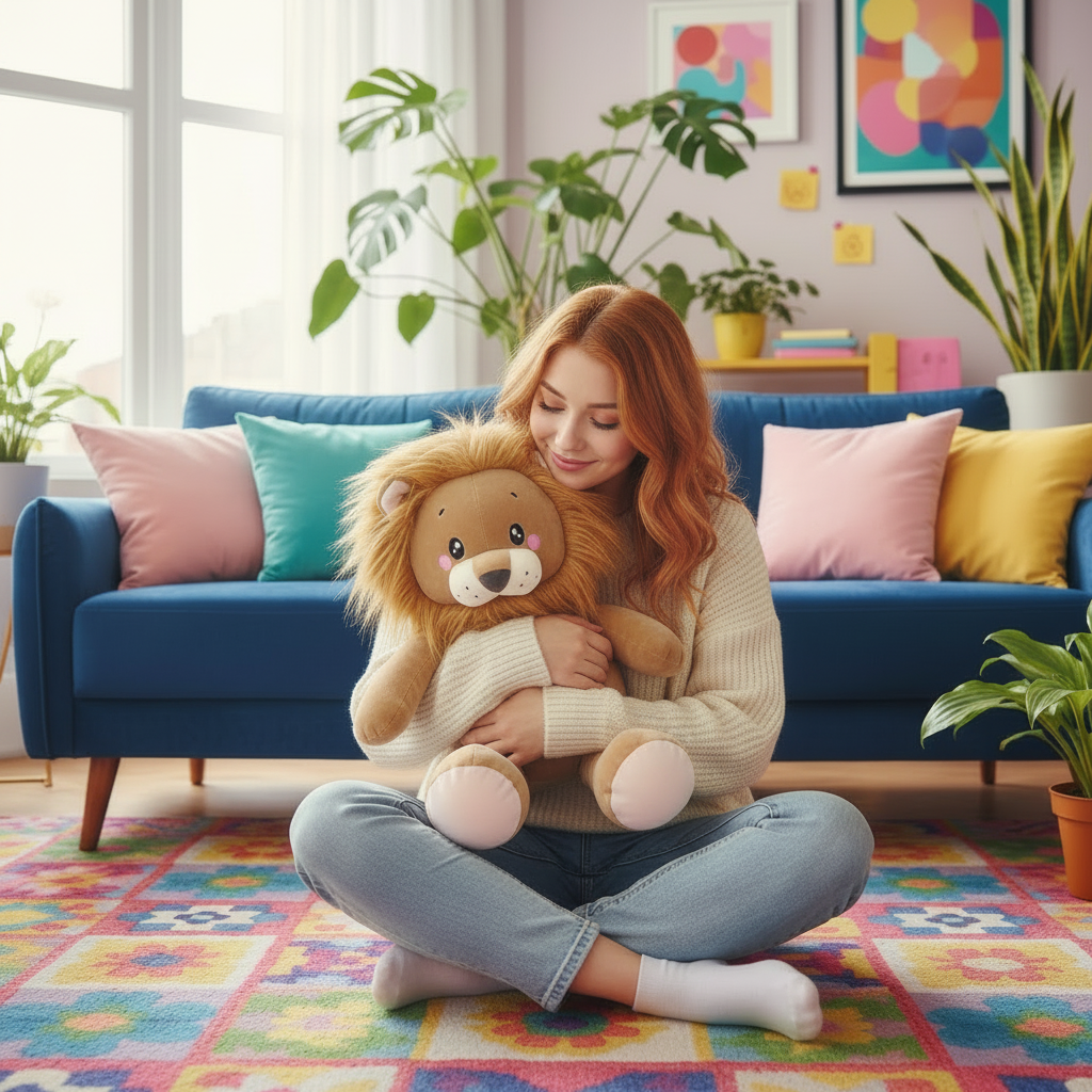 Woman playing with a large plush lion toy in a colorful room.