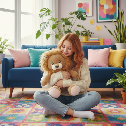 Woman playing with a large plush lion toy in a colorful room.