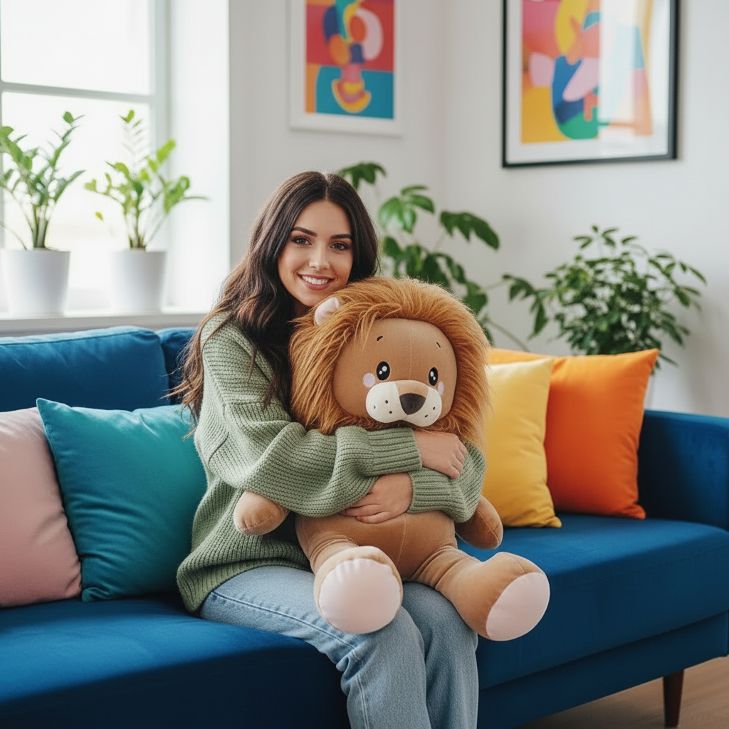 Woman sitting on a colorful couch with a plush lion toy, surrounded by vibrant decor.