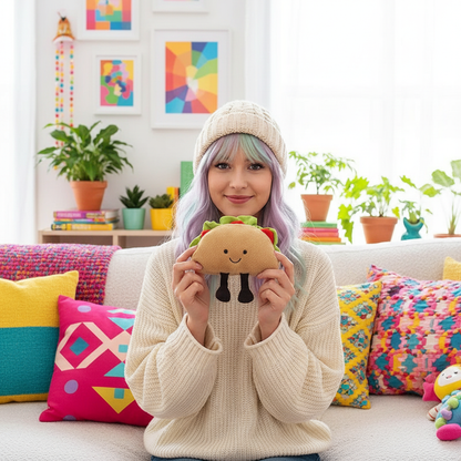 Person holding a plush taco toy in a colorful living room