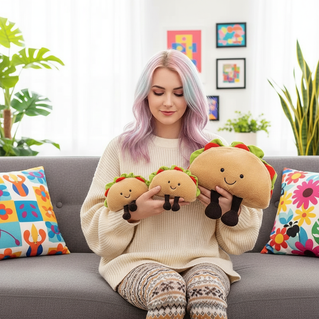 Person sitting on a couch holding plush taco toys in a living room setting.