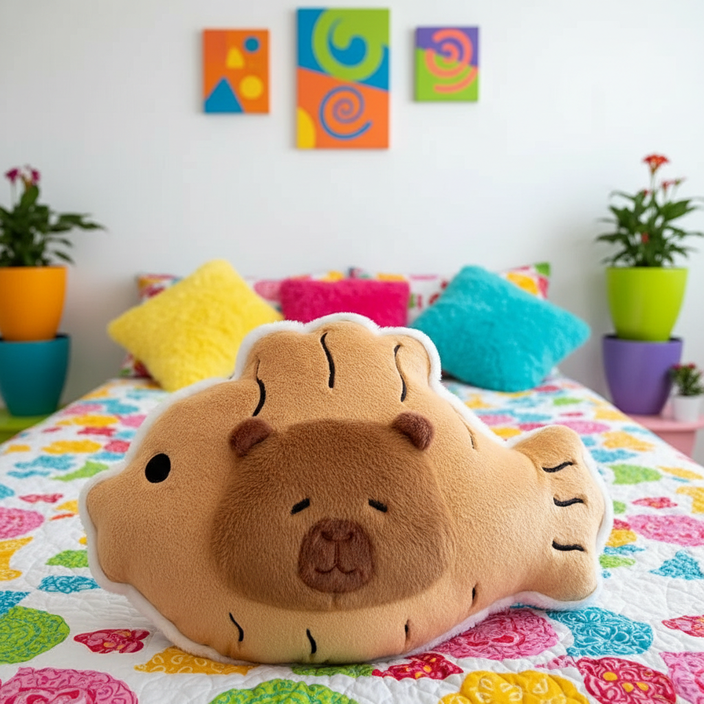 Plush taiyaki capybara pillow on a colorful bed with decorative pillows and wall art in the background.